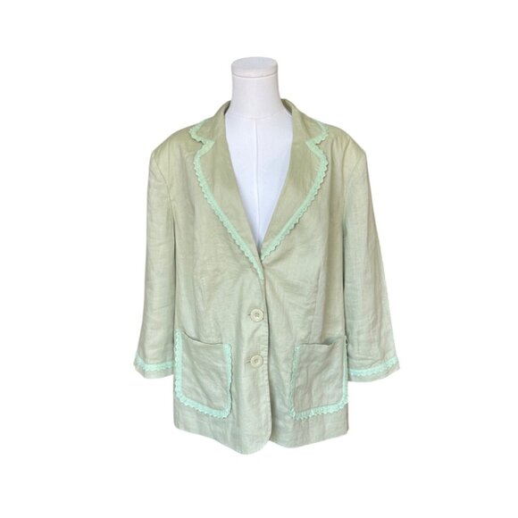 Edward woman Jackets & Blazers - Edward Woman 100% Linen Blazer Size 2X Mint Pastel 3/4 Sleeves Lace Trim Long